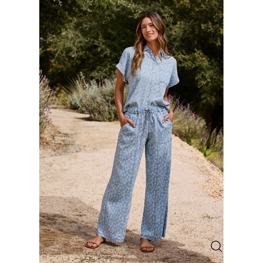 Flag & Anthem Womens Triana Blue Floral Wide Leg Drawstring Pants Sz  M